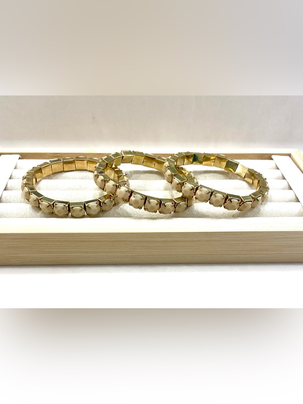 Set of 3 Vintage Gold Tone Cream Enamel Panel Square Stretch Bracelets Stack